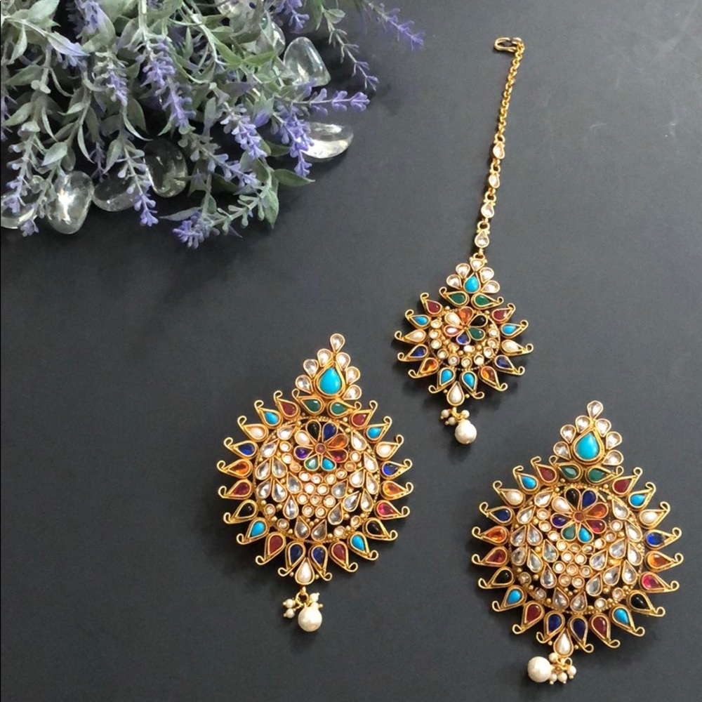 Multicolor Chand Bali Earrings with Maang Tikka